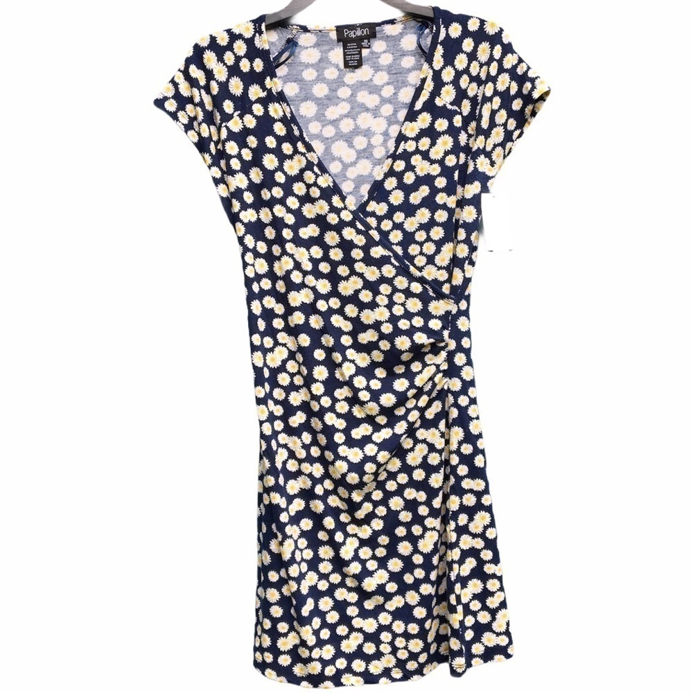 Papillon Floral Daisy Faux Wrap Dress Blue Flowers